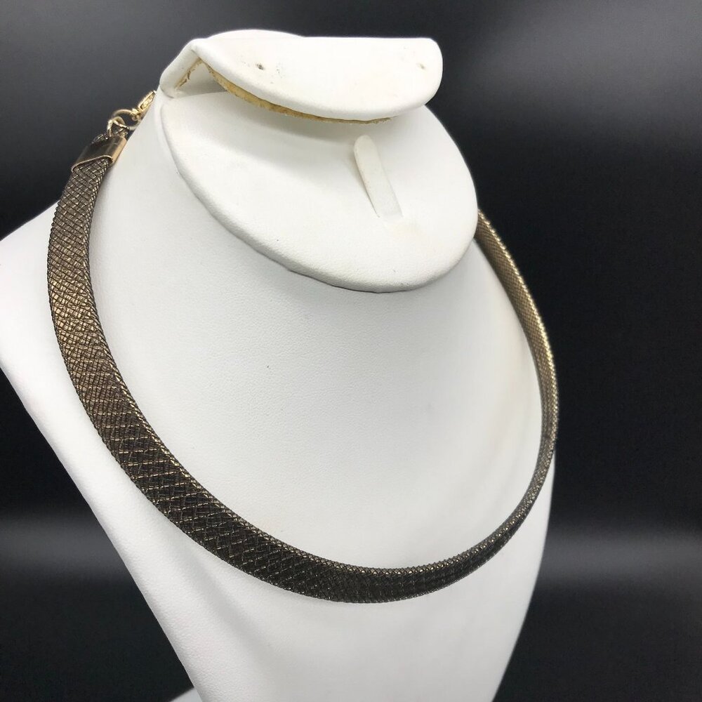 Gold Tone Formed Collar Necklace with Harlequin Design and Black Net Overlay